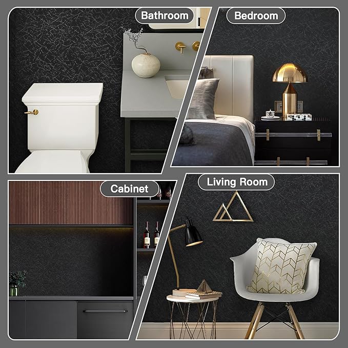 Safiyya Contact Paper Black Silk Wallpaper Textured Peel and Stick Wallpaper Removable Wall Paper Embossed Self Adhesive for Walls Vinyl Rolls 17.3 inch X 78.7 inch