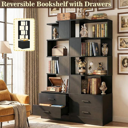 Armocity Corner Bookshelf with Drawers, 7 Tier Corner Book Shelf Display Bookcase, Freestanding L Shaped Bookshelf for Bedroom, Living Room, Home Office, Black