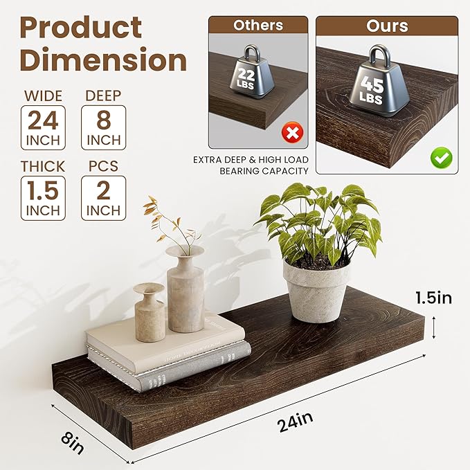 Acovy Extra Deep 24" Long Rustic Solid Wood Floating Shelves for Wall, Wall Shelves with Invisible Bracket for Living Room Bathroom Bedroom Kitchen, Set of 2, Walnut