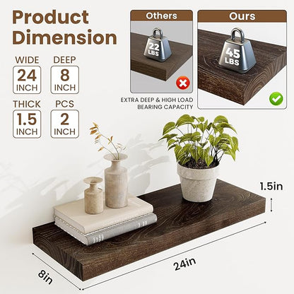 Acovy Extra Deep 24" Long Rustic Solid Wood Floating Shelves for Wall, Wall Shelves with Invisible Bracket for Living Room Bathroom Bedroom Kitchen, Set of 2, Walnut