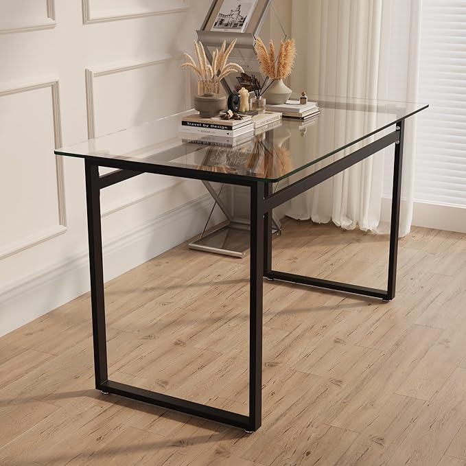 51" Modern Minimalist Rectangular Glass Dining Table for 4-6 with 0.31" Tempered Glass Tabletop and Chrome Metal Legs, Writing Table Desk for Kitchen Dining Living Room (Clear&Black)