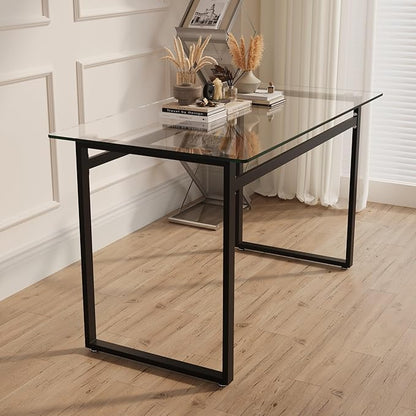 51" Modern Minimalist Rectangular Glass Dining Table for 4-6 with 0.31" Tempered Glass Tabletop and Chrome Metal Legs, Writing Table Desk for Kitchen Dining Living Room (Clear&Black)