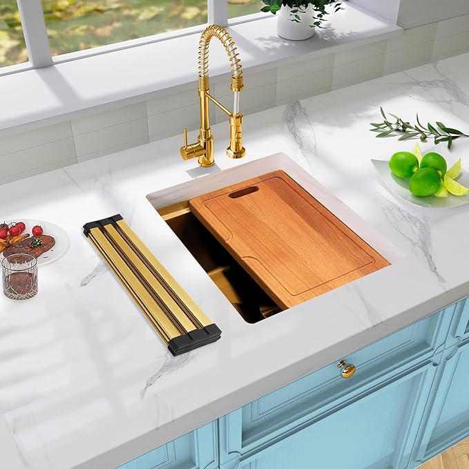 Gold Bar Sink Undermount,Small Bar & Prep Sinks,16 gauge Stainless Steel Bar Sink with Workstation for Wet Bar Area,Special Offset Drain Design (16" X 18")