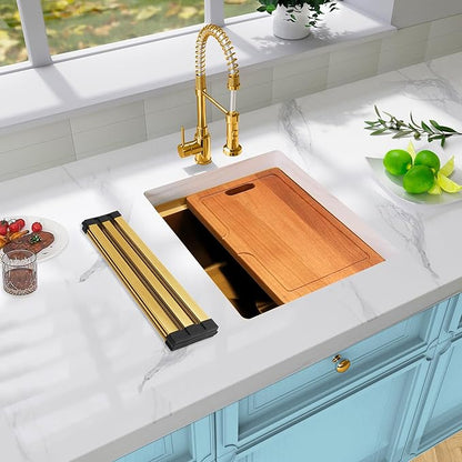 Gold Bar Sink Undermount,Small Bar & Prep Sinks,16 gauge Stainless Steel Bar Sink with Workstation for Wet Bar Area,Special Offset Drain Design (16" X 18")