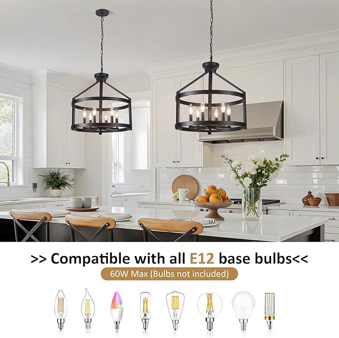 6-Light Large Farmhouse Black Chandelier, 20" Modern Hanging Pendant Lighting, Convertible Semi Flush Mount Ceiling Light Fixture Rustic Vintage Chandeliers for Dining Room Foyer Kitchen Entryway