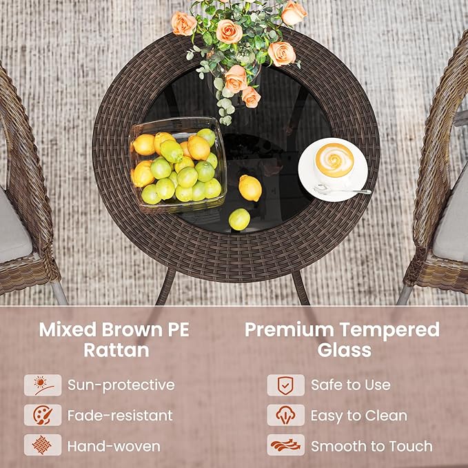 Tangkula 25.5" Wicker Patio Dining Table, Outdoor Round Bistro Side Table with Tempered Glass Top and Storage Shelf, for Balcony, Garden and Backyard