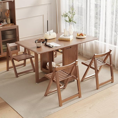 Solid Wood Folding Dining Table Extendable Dining Room Table 4 chairs, Wooden Dining Desk with Storage Wheel,Mid Century Modern Kitchen Table,Drop Leaf Table for Apartment,Living room,Walnut