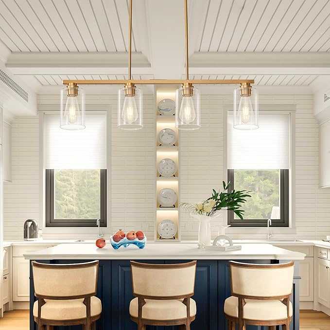 Mecgirn Island Light for Kitchen, Brushed Gold Dining Room Light Fixture Over Table, 4-Light Linear Chandelier Pendant Lighting for Dining Table Kitchen Island Living Room