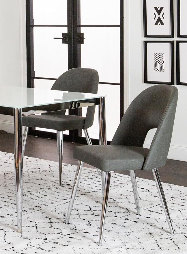 Sunset Trading Mia Faux Leather Dining Chair | Polished Chrome Silver Tapered Legs | Charcoal Gray Padded Seat with Arched Open Back | Set of 2 | Contemporary, Mid-Century Modern Kitchen Sidechairs