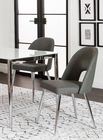 Sunset Trading Mia Faux Leather Dining Chair | Polished Chrome Silver Tapered Legs | Charcoal Gray Padded Seat with Arched Open Back | Set of 2 | Contemporary, Mid-Century Modern Kitchen Sidechairs