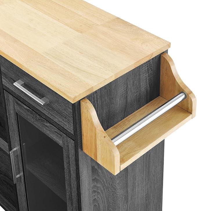Modway Culinary Rolling Kitchen Cart with Storage in Charcoal Natural - 3 Tiers Kitchen Island on Wheels with Spice Rack, Functional as a Coffee Station, Bar Cabinet or Butcher Block Island