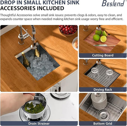 12 Inch Bar Sink Undermount - Beslend 12x15 Undermount Kitchen Sink RV Sink, Stainless Steel Small Sinks Wet Bar Sinks Workstation 16 Gauge Single Bowl Under Counter, 9" Height