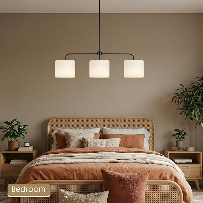 3-Light Black Linear Chandelier with Linen Beige Drum Shades, Modern Pendant Light Fixture for Kitchen Island, Dining Room, Living Room, Bedroom, E26 Base Compatible