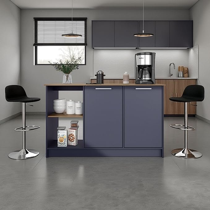 GOWE Kitchen Island 35.7" H, 2 Doors, 6 Shelves, Alby Blue/Natural Oak - Kitchen