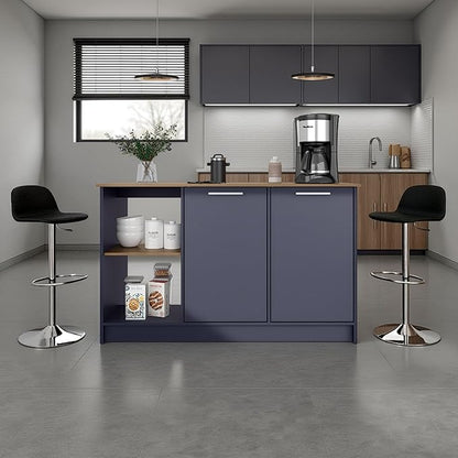 GOWE Kitchen Island 35.7" H, 2 Doors, 6 Shelves, Alby Blue/Natural Oak - Kitchen