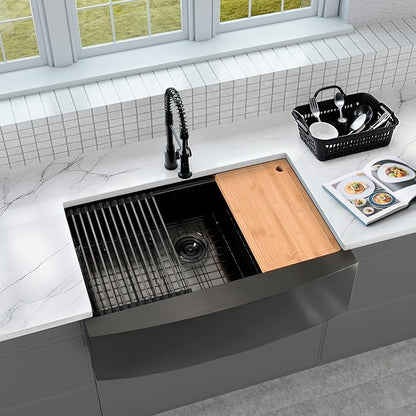 Kitsitchen 33 Inch Black Farm Sink, 16 Gauge T-304S Stainless Steel Single Bowl Farmhouse Kitchen Sinks, 33" x 20" x 10" Large and Deep Apron Front Workstation Sink with Accessories