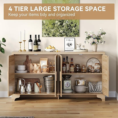 GarveeHome 4-Door Sideboard Buffet Cabinet, Natural Rattan Storage Cabinet, Boho Entryway Console Table, Coffee Bar Station for Dinning Room, Living Room, Kitchen
