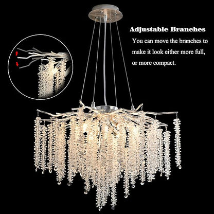 Tree Branch Chandelier Silver D23.7 Modern Round Raindrop Crystal Chandelier Ceiling Pendant Light Fixtures for Dining Room, Kitchen Island, Bedroom, Living Room