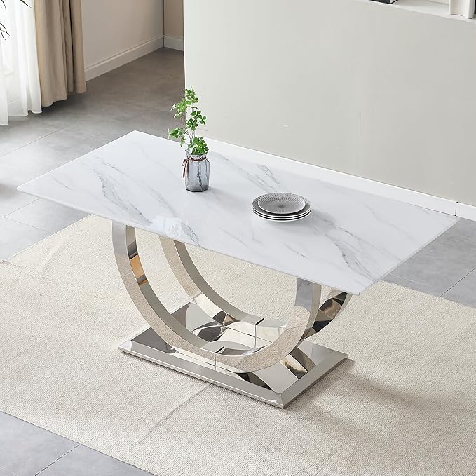 69.3" Luxury Dining Table for 4 6, White Marble Kitchen Dining Room Tables with 0.98" Thick Faux Marble Top & Stainless Steel Pedestal, Modern Silver Rectangular Dinner Table for Kitchen