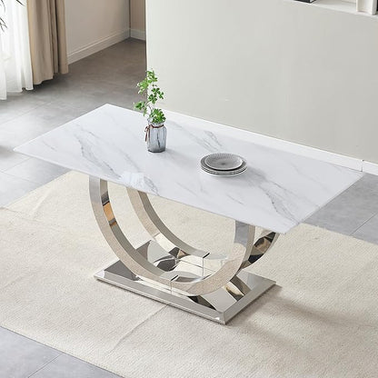 69.3" Luxury Dining Table for 4 6, White Marble Kitchen Dining Room Tables with 0.98" Thick Faux Marble Top & Stainless Steel Pedestal, Modern Silver Rectangular Dinner Table for Kitchen