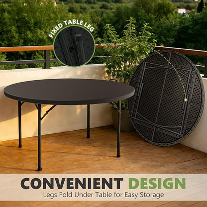 71" Folding Round Table, Plastic Dinner Table, Portable Folding Banquet Table for Living Room, Party or Outdoor Event, Black