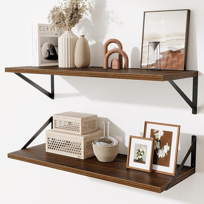 Acovy Deep Floating Shelves for Wall,30" Wx10 D Wood Floating Shelf Set of 2,Sturdy Metal Bracket Wide Display & Storage,Wall Mounted Hanging Floating Shelves for Living Room,Bedroom,Kitchen,Walnut
