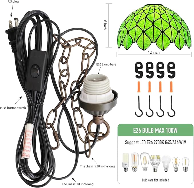 Tiffany Pendant Light Plug-in Stained Glass Hanging Lamp 12”x12”x181” Green Maple Leaf Swag Light Vintage Lighting for Dining Room Living Room Kitchen Hallway Bedroom