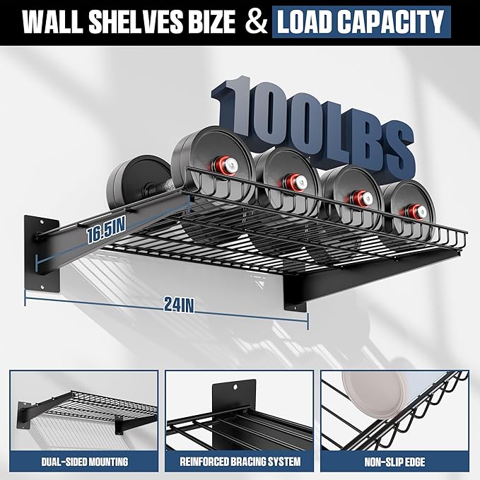 Heavy Duty Garage Wall Shelving 24"x16.5" 4-Pack, Adjustable Shelving Wall Mounted Shelves for Garage, Laundry Room, Closet, Total 400 lbs Load Capacity, Black