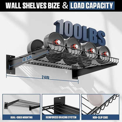 Heavy Duty Garage Wall Shelving 24"x16.5" 2-Pack, Adjustable Shelving Wall Mounted Shelves for Garage, Laundry Room, Closet, Total 200 lbs Load Capacity, Black