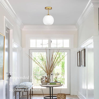 Bagood Gold Semi Flush Mount Ceiling Light Fixture Milk Glass Light Fixture Mid Century Flush Mount Ceiling Lights Brass Flush Mount Ceiling Schoolhouse Lights for Dining Room(Bulb Incl.)