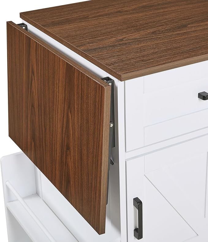 Farmhouse Kitchen Island with Drop Leaf Rolling Cart with Lockable Wheels Storage Island with Open Side Rack Storage Cart Practical(White)