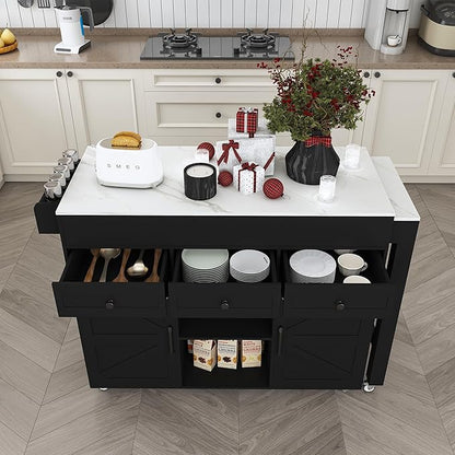 GOWE 74.8" Kitchen Island with Extendable Dining Table, Marble Veneer Top & Built-in Power Outlet - Mobile Storage Cart with 3 Drawers & Cabinet, Rolling Kitchen Cart for Dining Room, Black
