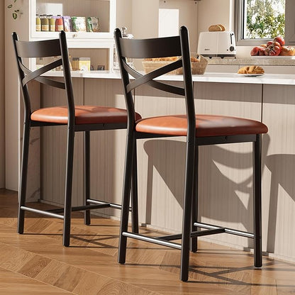 GarveeHome Bar Stools Set of 2, Counter Height Bar Chairs with Back and Thick Cushion, Upholstered Dining Chairs with Padded Seat, Barstools for Kitchen Island, Bar, Dining Room, Modern Brown