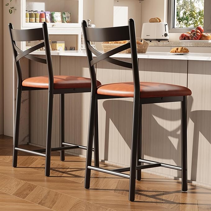 Garvee 26 Inch Bar Stools Set of 2, Counter Height Bar Chairs with Back and Thick Cushion, Upholstered Dining Chairs with Padded Seat, Barstools for Kitchen Island, Bar, Dining Room, Modern Brown