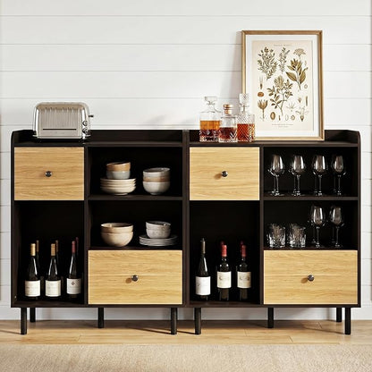 Manora Narrow Small Coffee Bar Cabinet with Drawers, Wooden Mini Sideboard Buffet Cabinet with Storage, Compact Kitchen Island & Corner Island for Kitchen, Dining Room, Coffee Station, Black