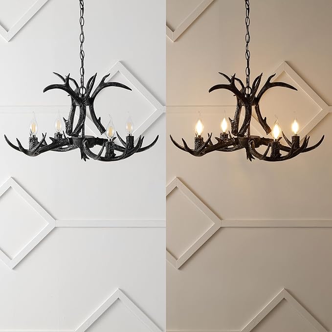 JONATHAN Y 26" Black Rustic Resin Antler 4-Light LED Chandelier, Farmhouse Faux Deer Horn Hanging Ceiling Light for Dining Room, Kitchen Island, Adjustable Light Fixture (JYL6301D)