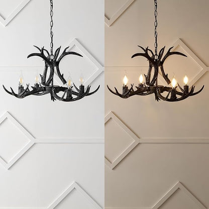 JONATHAN Y 26" Black Rustic Resin Antler 4-Light LED Chandelier, Farmhouse Faux Deer Horn Hanging Ceiling Light for Dining Room, Kitchen Island, Adjustable Light Fixture (JYL6301D)