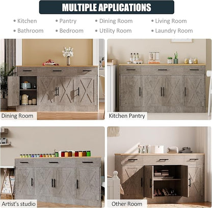 SUNLEI Kitchen Buffet Sideboard Cabinet, Wooden Storage with 4 Doors and 3 Drawers, Adjustable Shelf, Modern Farmhouse Coffee Bar Cabinet with Storage for Kitchen/Laundry/Living Room, Grey
