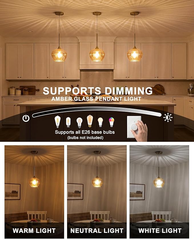 2-Pack Amber Glass Pendant Lights for Kitchen Island, 7" Modern Pendant Lighting Vintage Gold Light Fixtures Adjustable Hanging Light for Kitchen, Dining Room, Bar, Bathroom