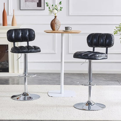 Set of 2 Adjustable Height Bar Stools, Black PU Leather Upholstered with Chrome Base Footrest, Comfortable Stools for Kitchen Island, Home Bar, Game Room Office Break Area