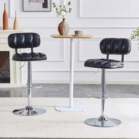Set of 2 Adjustable Height Bar Stools, Black PU Leather Upholstered with Chrome Base Footrest, Comfortable Stools for Kitchen Island, Home Bar, Game Room Office Break Area