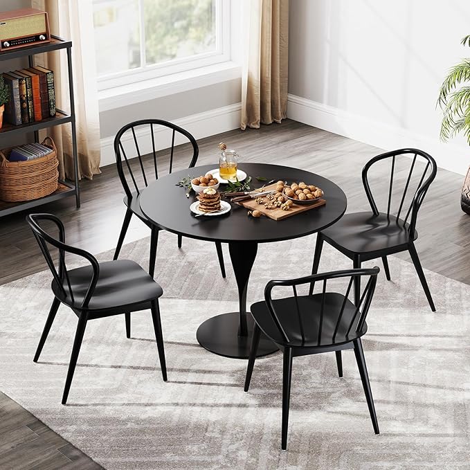 Giantex Wooden Dining Chairs Set of 4, Black Windsor Kitchen Chair w/High Spindle Back & Rubber Wood Legs, Wide Seat & Curved Backrest, Farmhouse Side Chairs, Armless Accent Chair for Home Restaurant