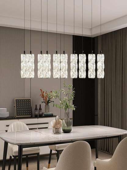 ykolupty Modern Crystal Chandelier 10-Lights Rectangle Pendant Light LED Dimmable Black Linear Chandelier Flush Mount Crystal Pendant Light for Living Room Dining Room Foyer