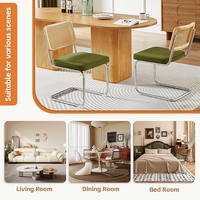 Rattan Back Velvet Dining Chair Set of 2 Modern Stainless Chrome Base Armless Upholstered Side Chair for Dining Room, Kitchen Island, Olive Green