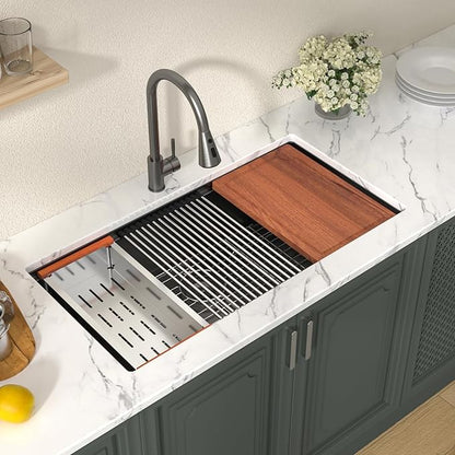 Lordear 36 Inch Kitchen Sink Black Undermount Kitchen Sink Workstation 16 Gauge Stainless Steel Single Bowl with Built-in Accessories, 36x19x9 Inch Gunmetal Black Nano-pvd