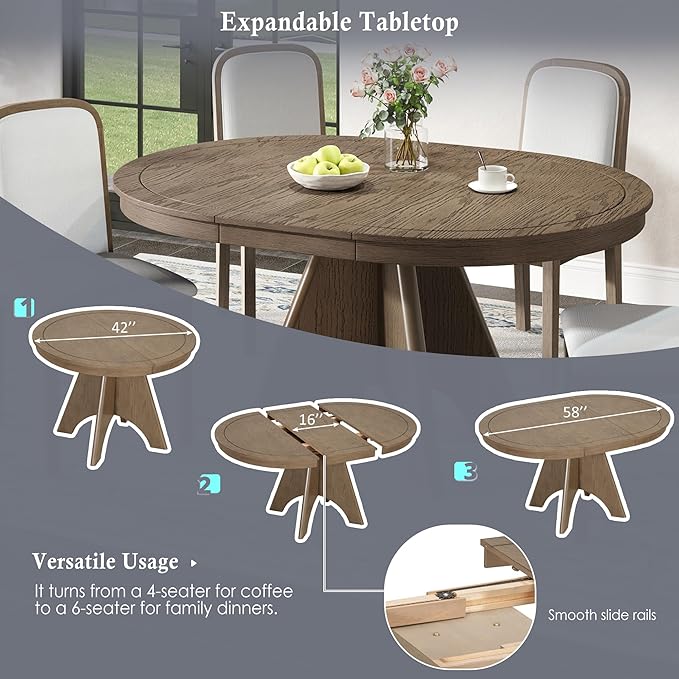 Merax Vintage Extendable Dining Table Set for 4-6 People, Rustic Farmhouse Kitchen Table with 4 Upholstered Chairs, 42 to 58 Inch Drop-Leaf Table with Distressed Finish, Espresso