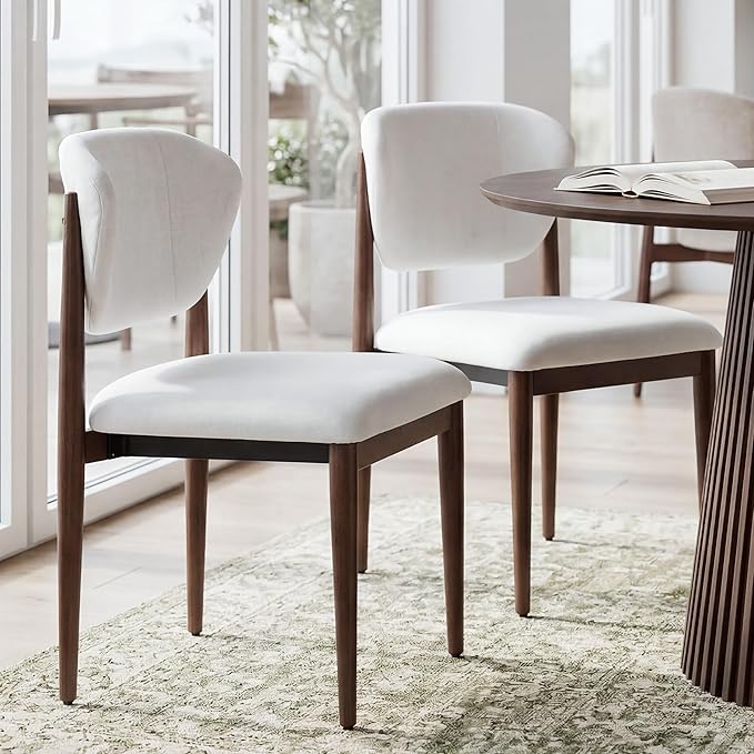 Casaphoria Dining Chairs Set of 2, Solid Walnut Wood Legs Upholstered Kitchen Chairs, Mid Century Modern Ergonomic Curved Back Accent Chair for Dining Room, Home Office and Vanity, White