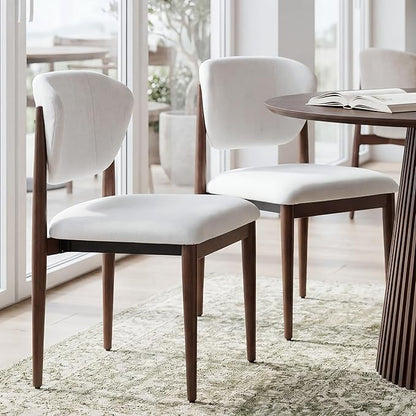 Casaphoria Dining Chairs Set of 2, Solid Walnut Wood Legs Upholstered Kitchen Chairs, Mid Century Modern Ergonomic Curved Back Accent Chair for Dining Room, Home Office and Vanity, White