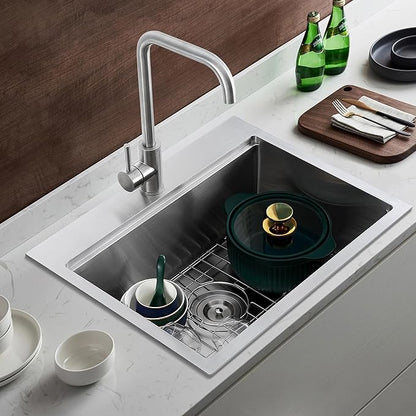 23-Inch Drop in Workstation Kitchen Sink - TSIBOMU 18 Gauge Stainless Steel Single Faucet Hole Single Bowl Topmount Handmade Kitchen Sink, Brushed