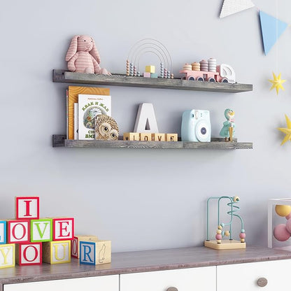 FLYJOE 36 Inches Floating Shelves for Wall, Solid Pine Wood Picture Ledge Shelves, Wall Shelves with Lips, Nursery Book Shelves for Toys Storage Living Room Bedroom Photo Frames (2 Pcs, Grey)